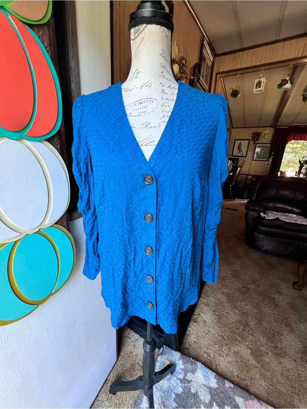 Maeve by Anthropologie Jourdain Button-Down Top in vibrant blue/teal shade.